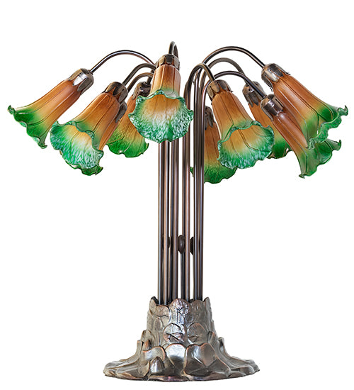 24" High Amber/Green Tiffany Pond Lily 10 Lt Table Lamp