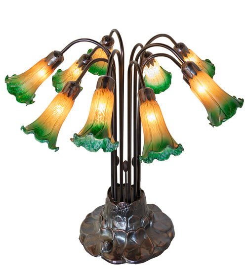 24" High Amber/Green Tiffany Pond Lily 10 Lt Table Lamp