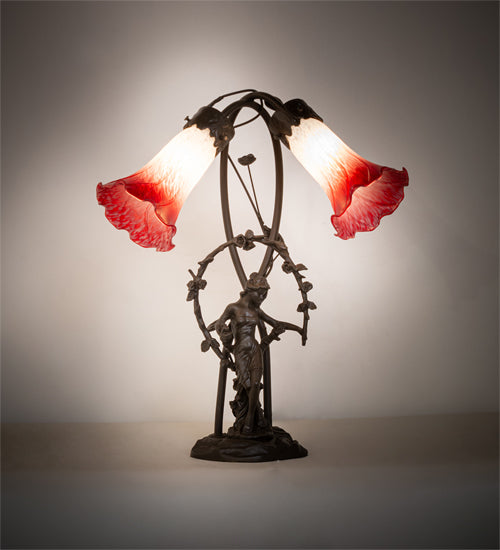 17" High Red/White Tiffany Pond Lily 2 Light Trellis Girl Accent Lamp