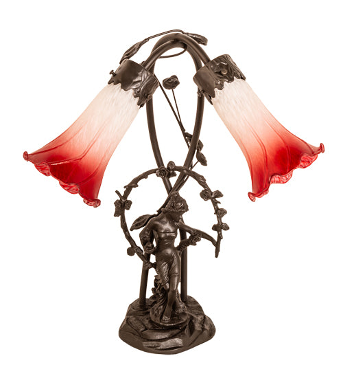 17" High Red/White Tiffany Pond Lily 2 Light Trellis Girl Accent Lamp