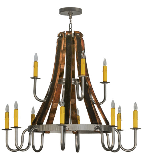 44"W Barrel Stave Madera 12 Lt Two Tier Chandelier