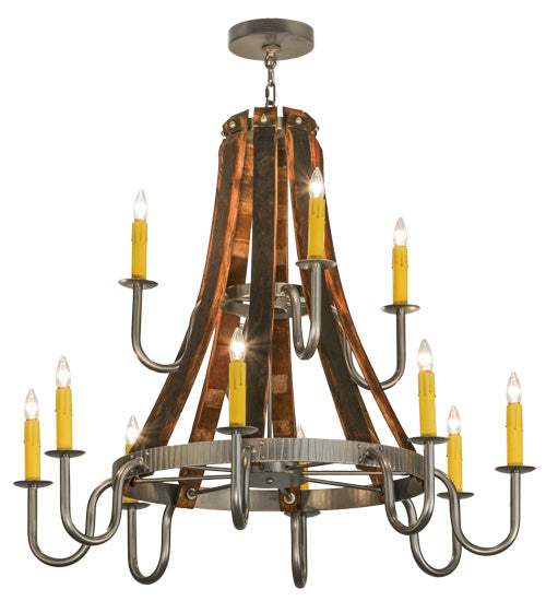 44"W Barrel Stave Madera 12 Lt Two Tier Chandelier