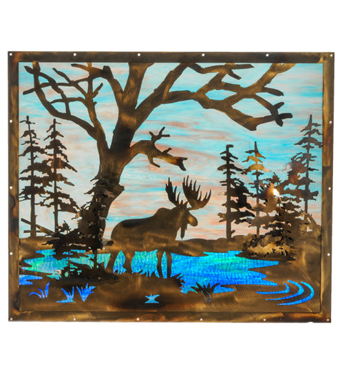 72"W X 30"H Moose At Lake 3 Panel Stained Glass Window