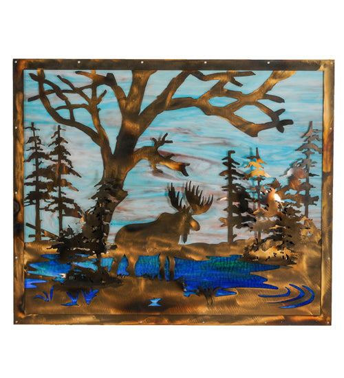 72"W X 30"H Moose At Lake 3 Panel Stained Glass Window