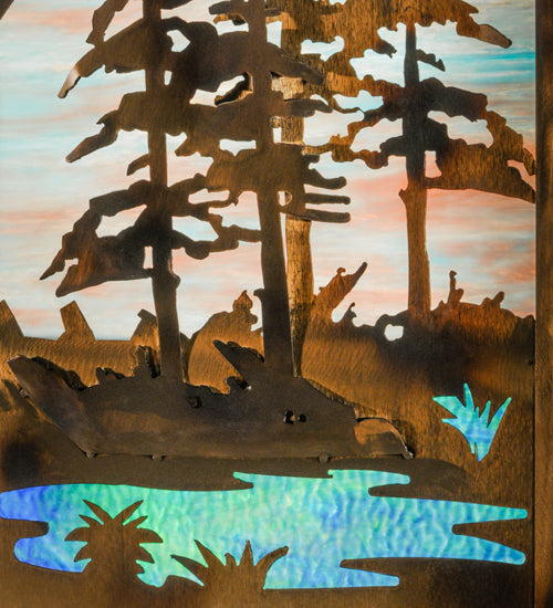 72"W X 30"H Moose At Lake 3 Panel Stained Glass Window