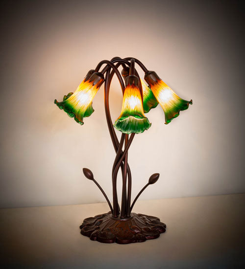 17" High Amber/Green Tiffany Pond Lily 5 Lt Accent Lamp