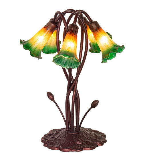 17" High Amber/Green Tiffany Pond Lily 5 Lt Accent Lamp