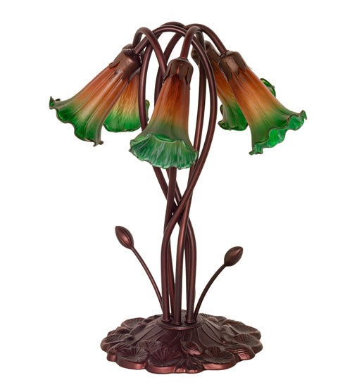 17" High Amber/Green Tiffany Pond Lily 5 Lt Accent Lamp