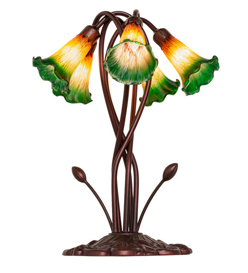 17" High Amber/Green Tiffany Pond Lily 5 Lt Accent Lamp