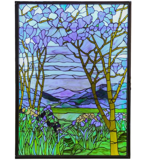 30"W Tiffany Magnolia & Iris Stained Glass Lighted Window