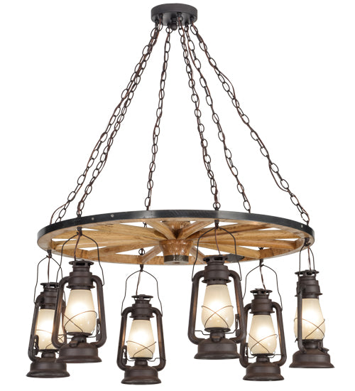 40"W Miners Lantern 6 Lt Wagon Wheel Chandelier