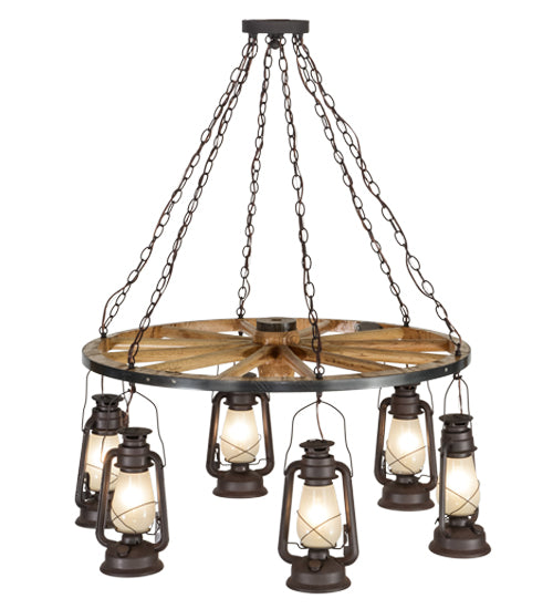 40"W Miners Lantern 6 Lt Wagon Wheel Chandelier