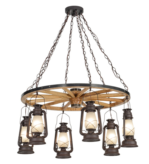 40"W Miners Lantern 6 Lt Wagon Wheel Chandelier