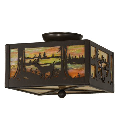 10"Square Timeless Bronze Deer At Lake Flush Mount