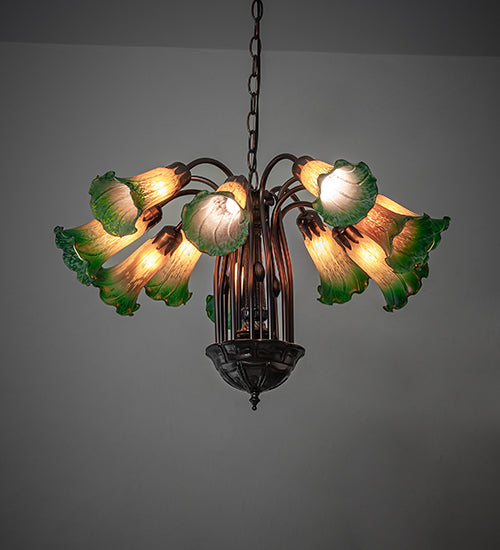 20" Wide Amber/Green Pond Lily 12 Lt Chandelier