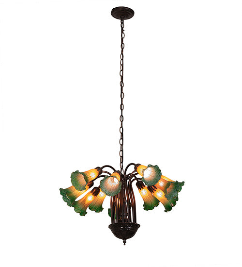 20" Wide Amber/Green Pond Lily 12 Lt Chandelier