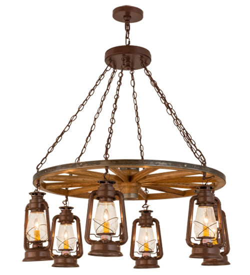 40"W Miners Lantern 6 Lt Wagon Wheel Chandelier