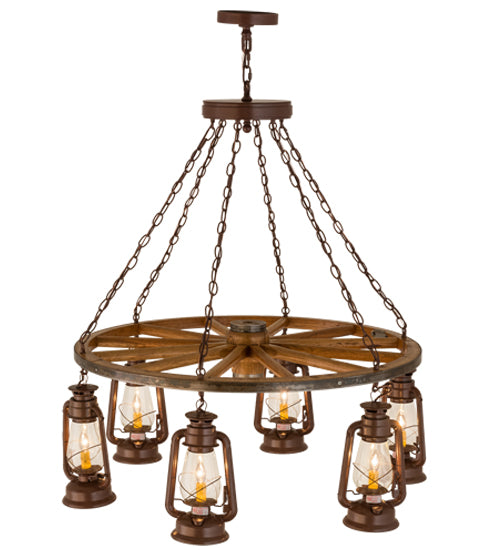 40"W Miners Lantern 6 Lt Wagon Wheel Chandelier