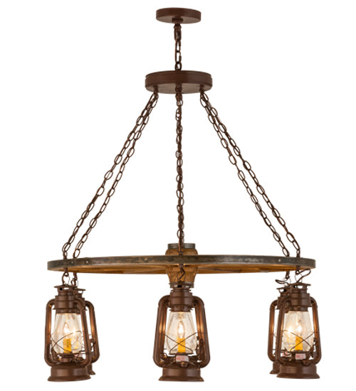 40"W Miners Lantern 6 Lt Wagon Wheel Chandelier