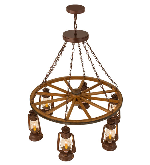 40"W Miners Lantern 6 Lt Wagon Wheel Chandelier