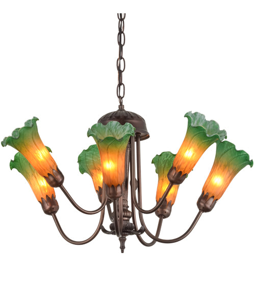 24" Wide Amber/Green Tiffany Pond Lily 7 Lt Chandelier