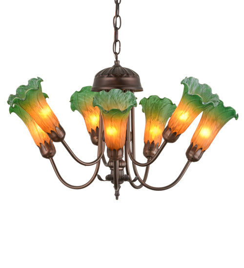 24" Wide Amber/Green Tiffany Pond Lily 7 Lt Chandelier