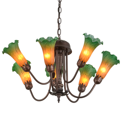 24" Wide Amber/Green Tiffany Pond Lily 7 Lt Chandelier