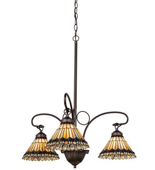 24"W Tiffany Jeweled Peacock 3 Lt Chandelier