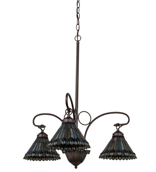 24"W Tiffany Jeweled Peacock 3 Lt Chandelier