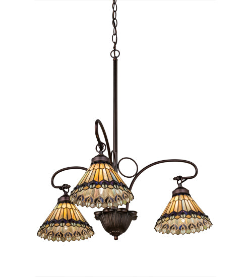 24"W Tiffany Jeweled Peacock 3 Lt Chandelier