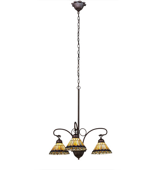 24"W Tiffany Jeweled Peacock 3 Lt Chandelier