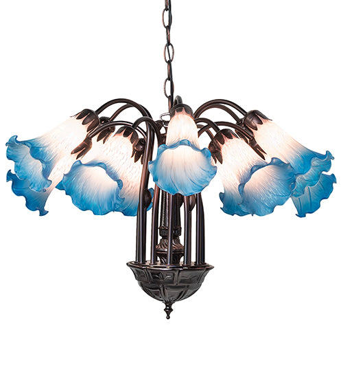 24" Wide Pink/Blue Tiffany Pond Lily 12 Lt Chandelier