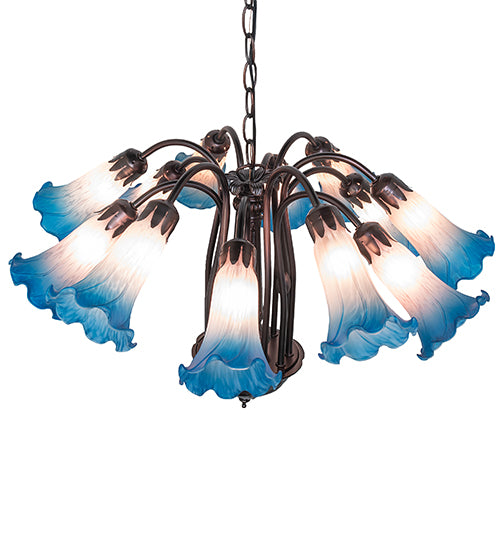 24" Wide Pink/Blue Tiffany Pond Lily 12 Lt Chandelier