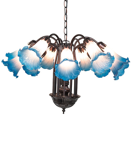 24" Wide Pink/Blue Tiffany Pond Lily 12 Lt Chandelier