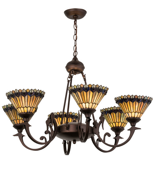 33"W Tiffany Jeweled Peacock 6 Lt Chandelier