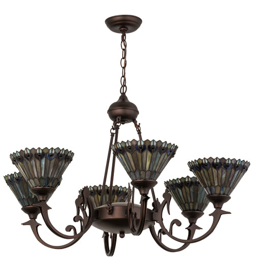 33"W Tiffany Jeweled Peacock 6 Lt Chandelier