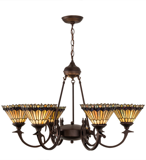 33"W Tiffany Jeweled Peacock 6 Lt Chandelier