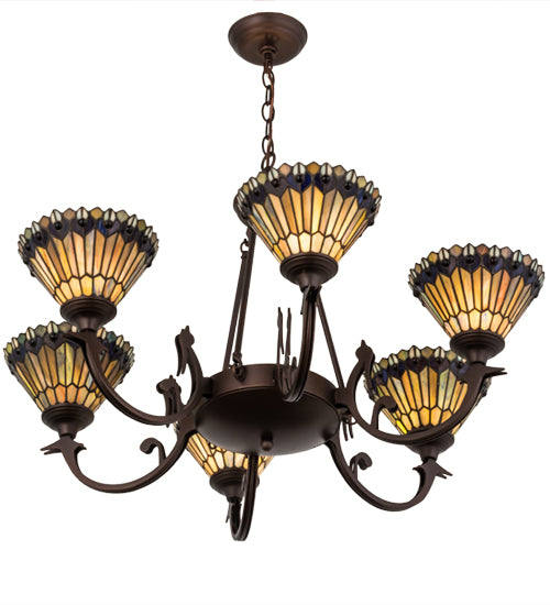 33"W Tiffany Jeweled Peacock 6 Lt Chandelier