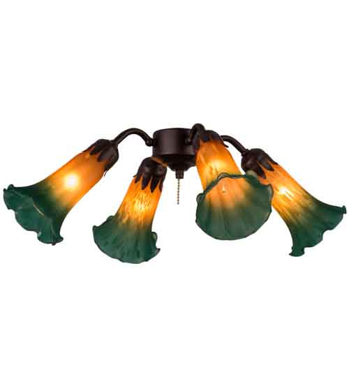 19" Wide Amber/Green Tiffany Pond Lily 4 Light Fan Light