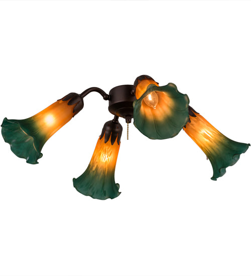 19" Wide Amber/Green Tiffany Pond Lily 4 Light Fan Light