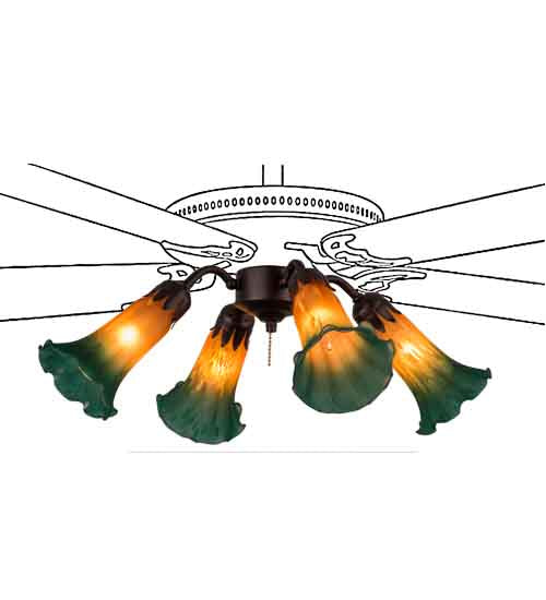 19" Wide Amber/Green Tiffany Pond Lily 4 Light Fan Light