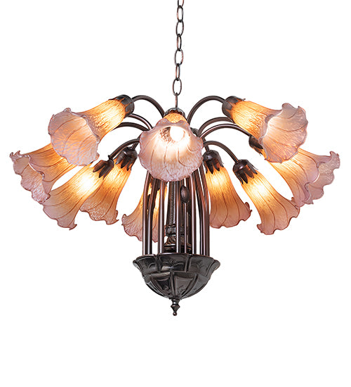 24" Wide Amber/Purple Tiffany Pond Lily 12 Light Chandelier