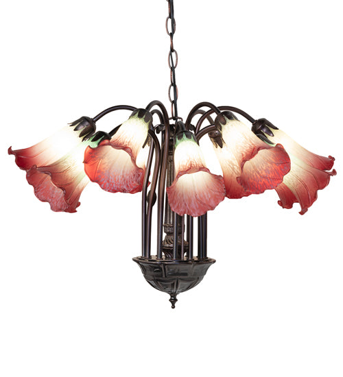 24" Wide Seafoam/Cranberry Tiffany Pond Lily 12 Lt Chandelier