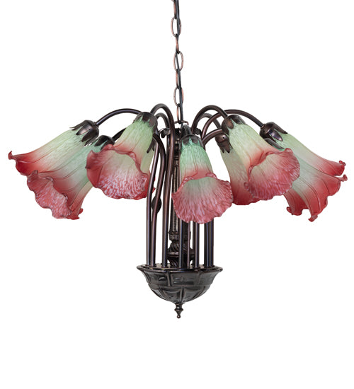 24" Wide Seafoam/Cranberry Tiffany Pond Lily 12 Lt Chandelier