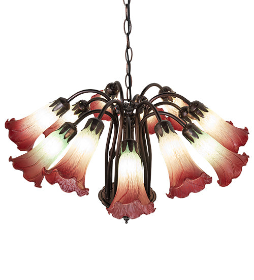 24" Wide Seafoam/Cranberry Tiffany Pond Lily 12 Lt Chandelier