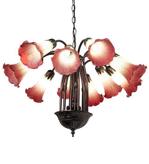 24" Wide Seafoam/Cranberry Tiffany Pond Lily 12 Lt Chandelier