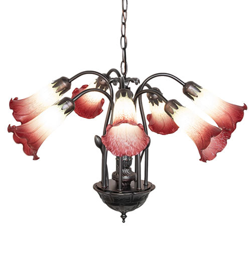 24" Wide Seafoam/Cranberry Tiffany Pond Lily 7 Light Chandelier