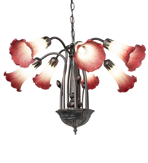 24" Wide Seafoam/Cranberry Tiffany Pond Lily 7 Light Chandelier