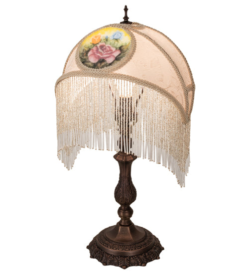 11" High Reverse Painted Roses Fabric With Fringe Accent Lamp