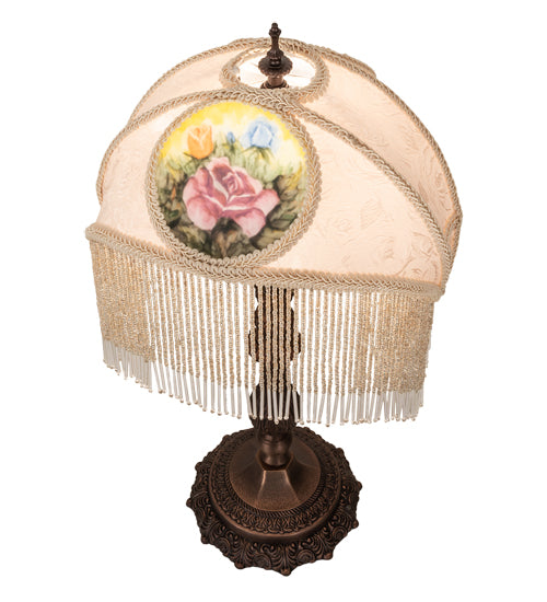 11" High Reverse Painted Roses Fabric With Fringe Accent Lamp